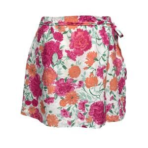 Wayf Linen Cotton Blend Floral Pink Mini Skirt Tie Waist Size Small